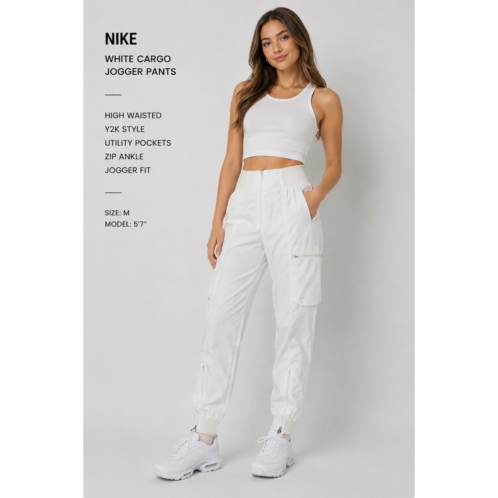 Nike White Cargo Jogger Pants High Waisted Gorpcore Y2K Utility Zip Ankle Womens